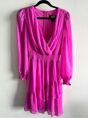 DKNY Hot Pink Long-Sleeve V-Neck Ruffle Dress
